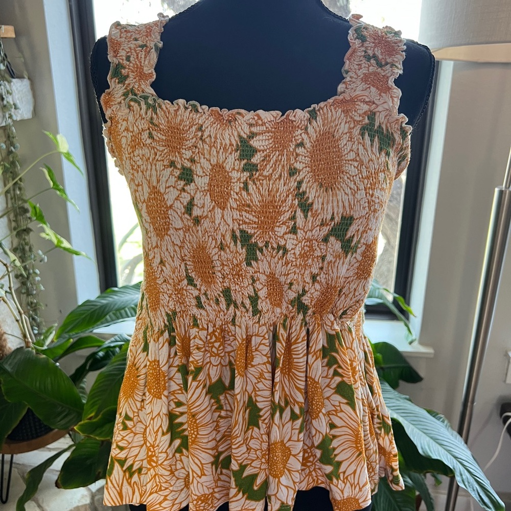 Anthropologie / Conditions Apply Floral Smocked Top - Orange and Green
